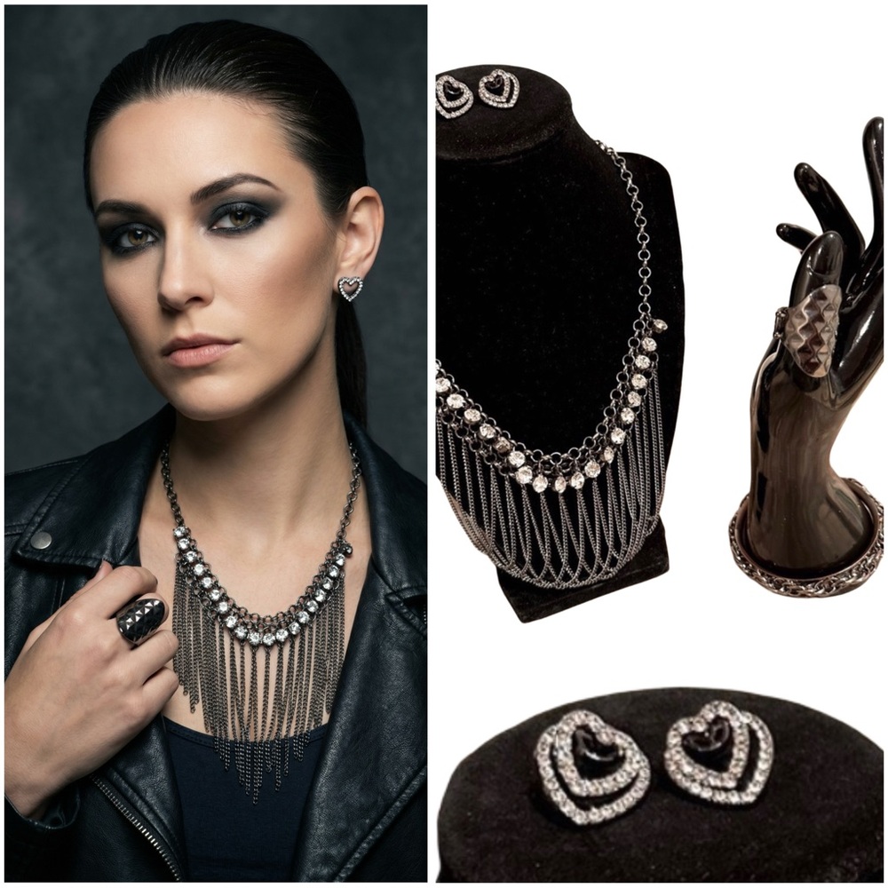 Jewelry Bundle (4) Necklace, Bangle, Stretchy Ring & Double Heart Earrings Set